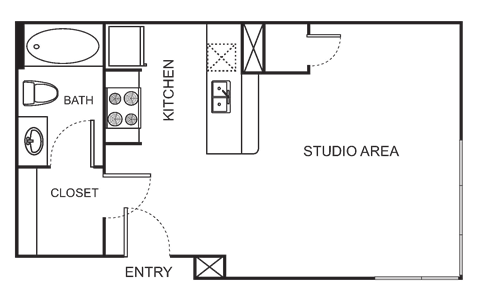 Floor plan for studio, 1 bath, 478 sqft