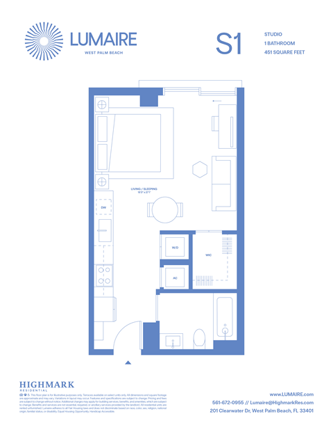 Floor plan for studio, 1 bath, 451 sqft
