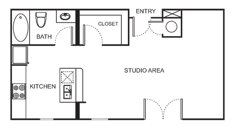 Floor plan for studio, 1 bath, 564 sqft