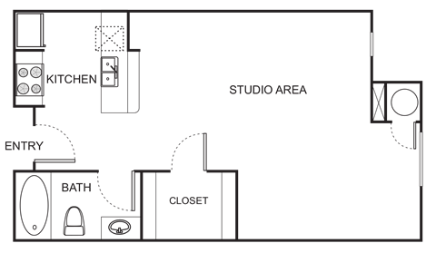 Floor plan for studio, 1 bath, 600 sqft