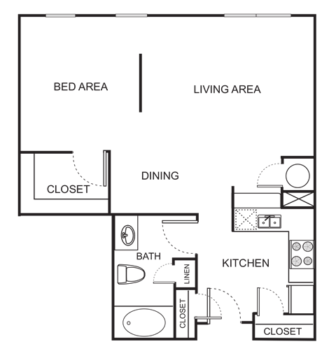 Floor plan for studio, 1 bath, 679 sqft