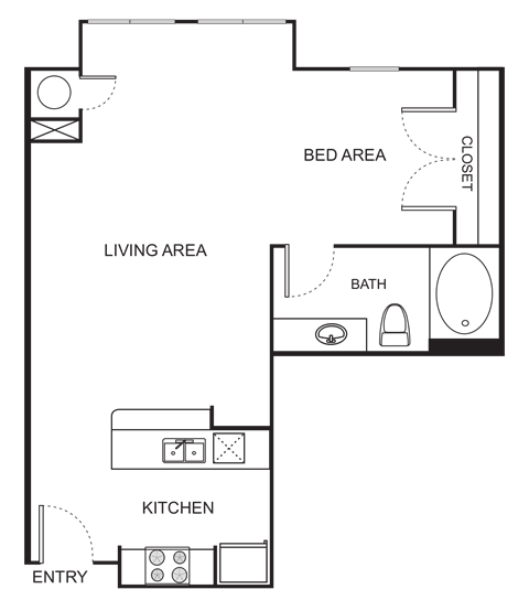 Floor plan for studio, 1 bath, 617 sqft