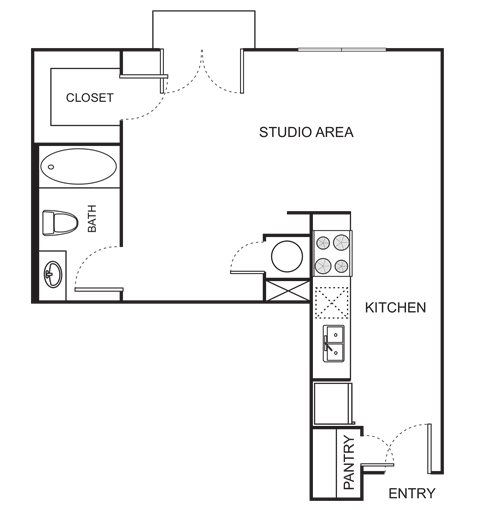 Floor plan for studio, 1 bath, 548 sqft