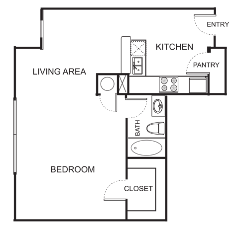Floor plan for studio, 1 bath, 704 sqft
