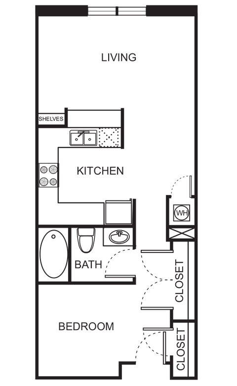 Floor plan for studio, 1 bath, 616 sqft