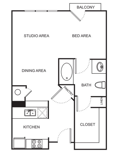 Floor plan for studio, 1 bath, 544 sqft