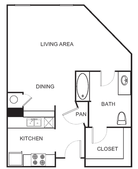 Floor plan for studio, 1 bath, 620 sqft