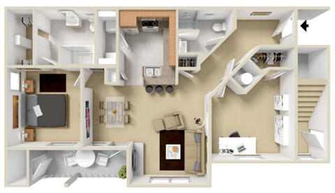 Floor plan for 2 beds, 2 baths, 1034 sqft