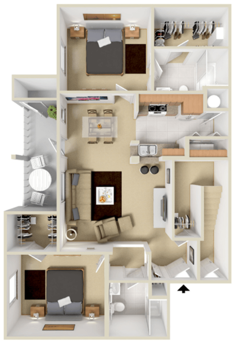 Floor plan for 2 beds, 2 baths, 1001 sqft