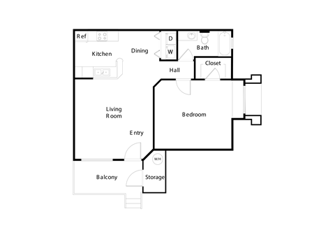 Floor plan for 1 bed, 1 bath, 779 sqft