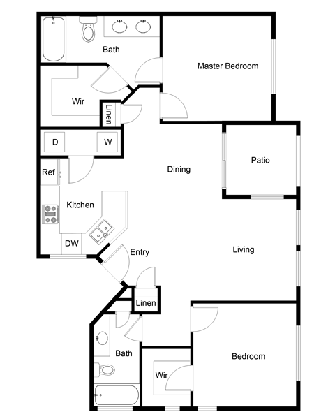 Floor plan for 2 beds, 2 baths, 964 sqft