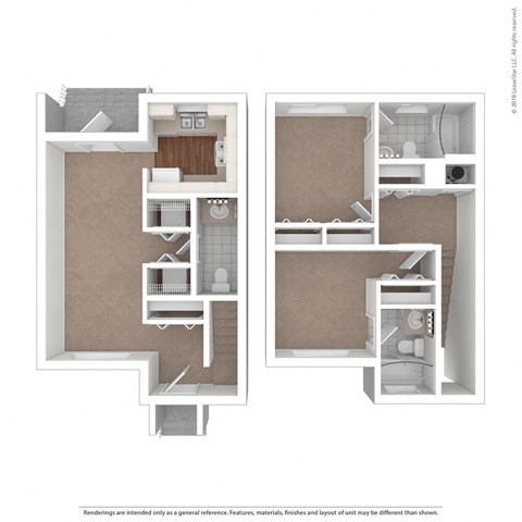 Floor plan for 2 beds, 2.5 baths, 1066 sqft