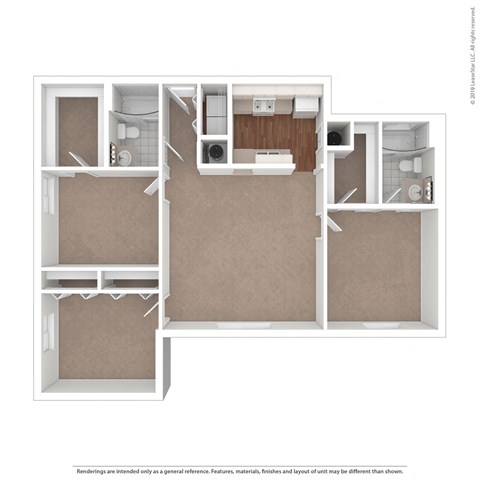 Floor plan for 3 beds, 2 baths, 1228 sqft