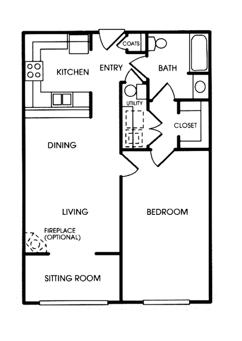 Floor plan for 1 bed, 1 bath, 720 sqft