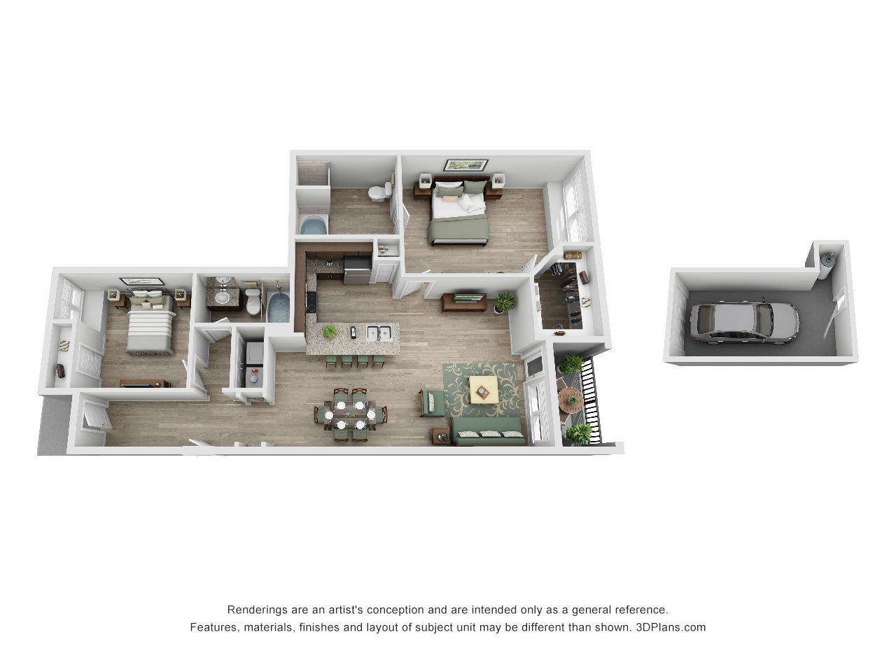 Floor plan for 2 beds, 2 baths, 1259 sqft