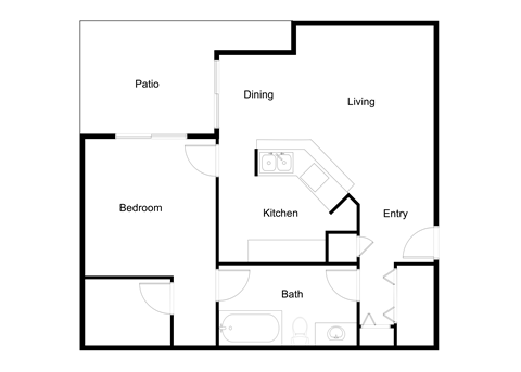 Floor plan for 1 bed, 1 bath, 701 sqft