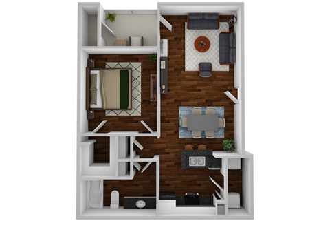 Floor plan for 1 bed, 1 bath, 707 sqft