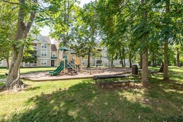 Waldorf apartment for rent - A playground with a green slide and a wooden bench is surrounded by trees.