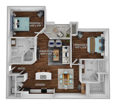 Floor plan for 2 beds, 2 baths, 1110 sqft