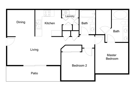 Floor plan for 2 beds, 2 baths, 962 sqft