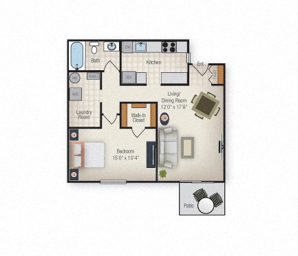 Floor plan for 1 bed, 1 bath, 735 sqft