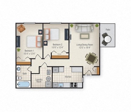 Floor plan for 2 beds, 1 bath, 889 sqft