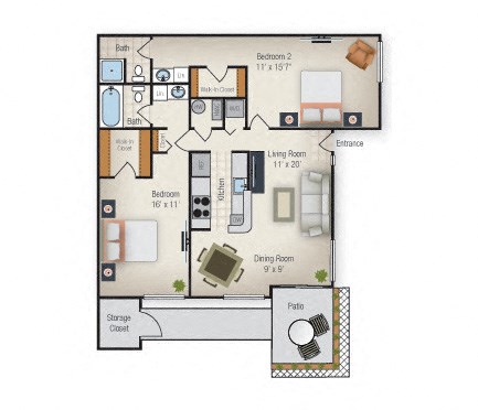 Floor plan for 2 beds, 2 baths, 1050 sqft