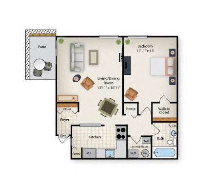 Floor plan for 1 bed, 1 bath, 781 sqft