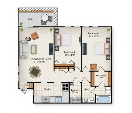 Floor plan for 2 beds, 1 bath, 943 sqft