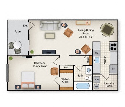 Floor plan for 1 bed, 1 bath, 656 sqft