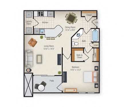 Floor plan for 1 bed, 1 bath, 905 sqft