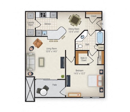 Floor plan for 1 bed, 1 bath, 968 sqft