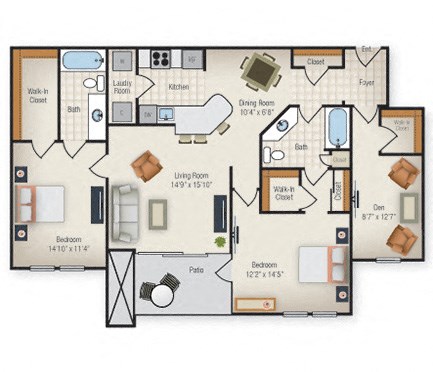 Floor plan for 2 beds, 2 baths, 1429 sqft