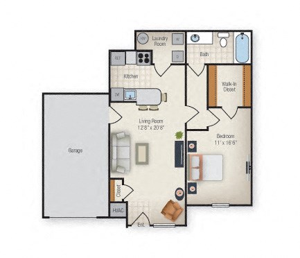 Floor plan for 1 bed, 1 bath, 1027 sqft