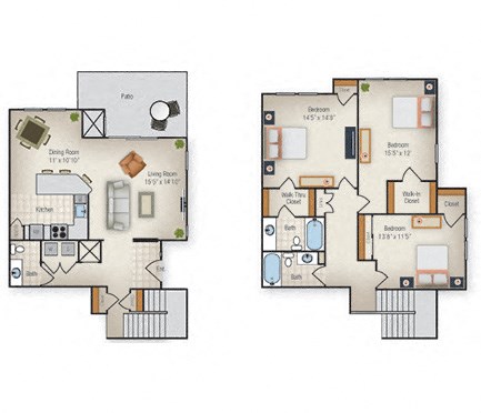 Floor plan for 3 beds, 2.5 baths, 1840 sqft