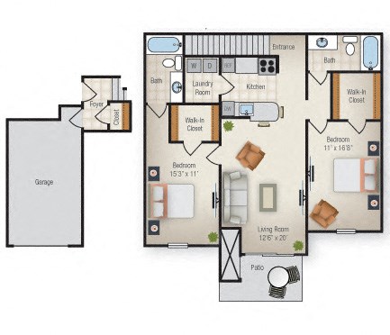 Floor plan for 2 beds, 2 baths, 1481 sqft