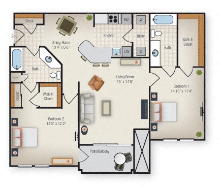 Floor plan for 2 beds, 2 baths, 1248 sqft