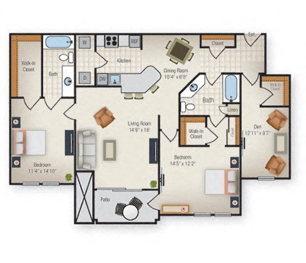 Floor plan for 2 beds, 2 baths, 1450 sqft