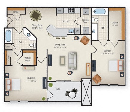 Floor plan for 2 beds, 2 baths, 1221 sqft