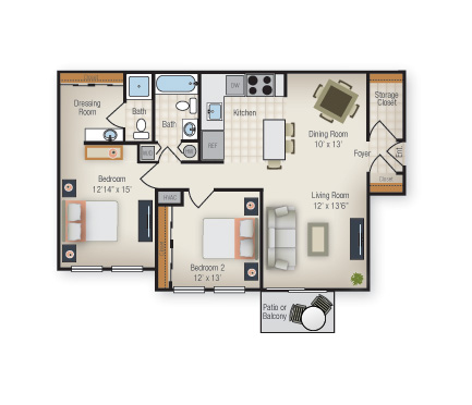 Floor plan for 2 beds, 2 baths, 1003 sqft