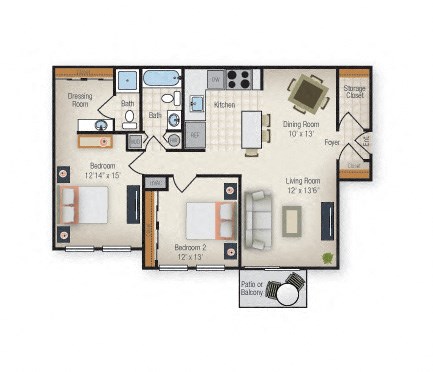 Floor plan for 2 beds, 2 baths, 1003 sqft
