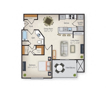 Floor plan for 1 bed, 1 bath, 795 sqft