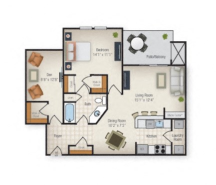 Floor plan for 1 bed, 1 bath, 1001 sqft