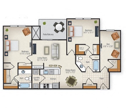 Floor plan for 2 beds, 2 baths, 1319 sqft
