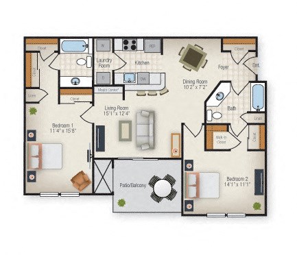 Floor plan for 2 beds, 2 baths, 1113 sqft