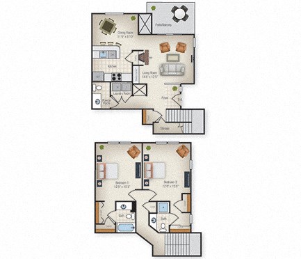 Floor plan for 2 beds, 2.5 baths, 1397 sqft