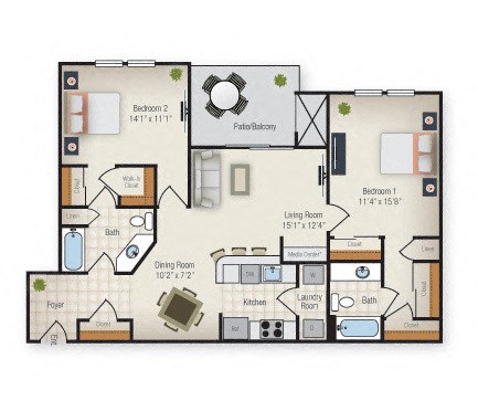 Floor plan for 2 beds, 2 baths, 1154 sqft