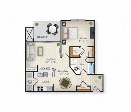 Floor plan for 1 bed, 1 bath, 836 sqft