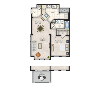 Floor plan for 1 bed, 1 bath, 847 sqft