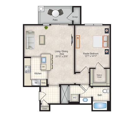 Floor plan for 1 bed, 1 bath, 860 sqft